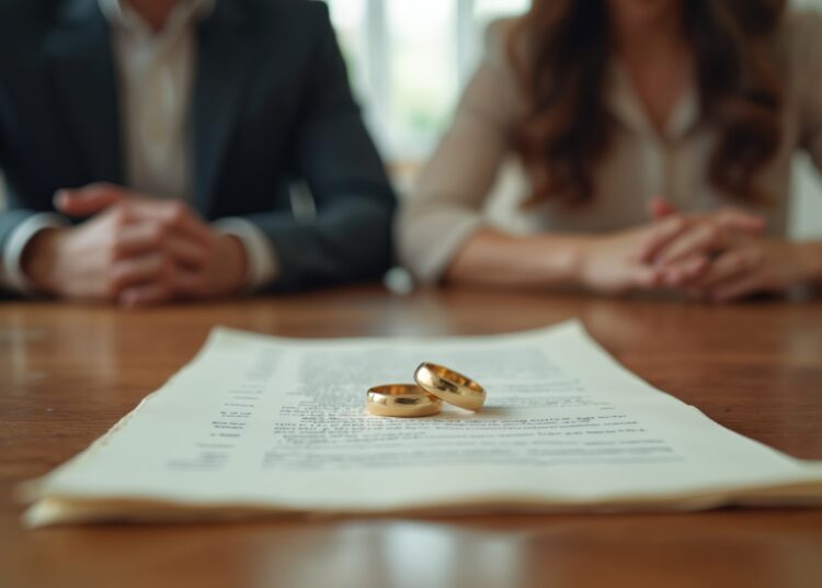 Close up shot of wedding rings lying on divorce papers with blurred couple background. Marital property division. Concept of legal separation, asset split broken relationship.