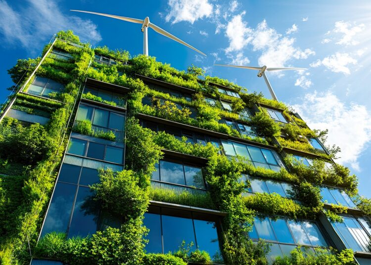 Modern building with vertical gardens and wind turbines.