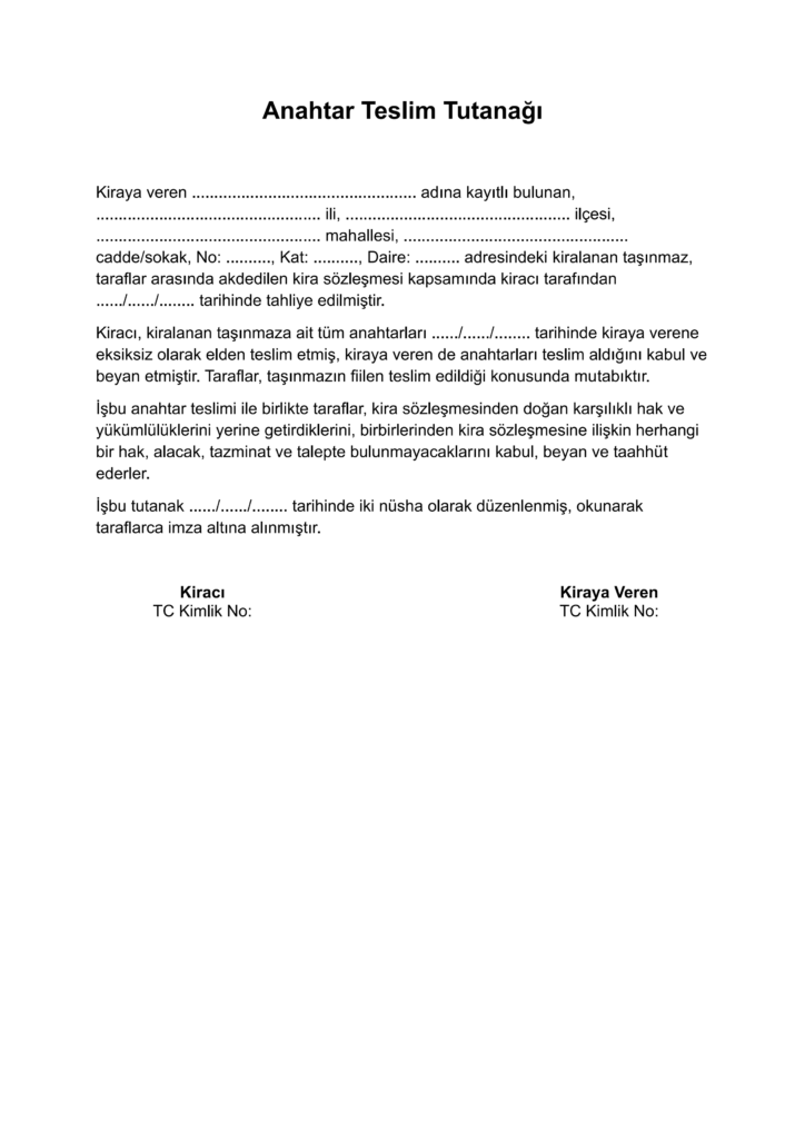 anahtar teslim tutanağı örnek
